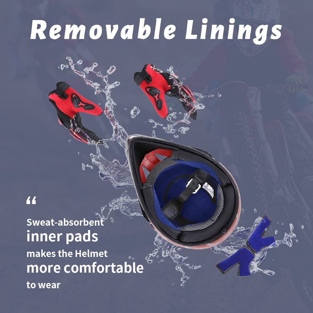 Oumurs DOT Youth Dirt Bike Helmet, Red Cobweb, Small, Plastic, Includes Gloves & Goggles for Boys & Girls 5-14 Ages