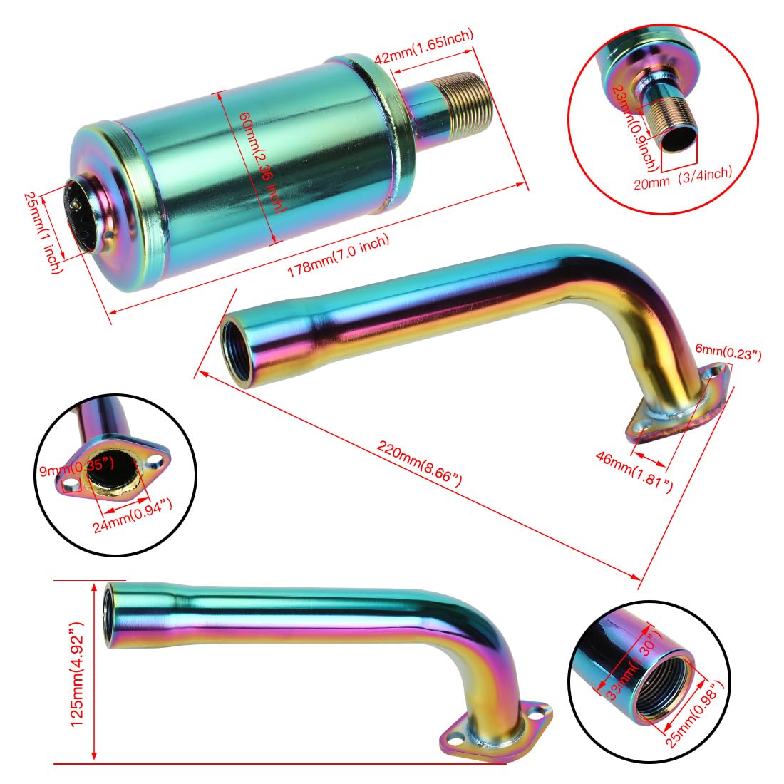 FVRITO Thickened Colorful Exhaust Header Pipe Muffler with Heat Shield Tape Kit for Non Hemi 6.5HP Predator 212cc 196cc GX160 GX