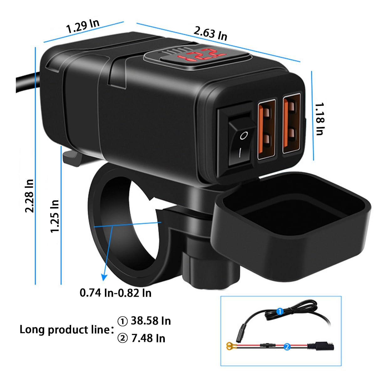 Ankuee Motorcycle USB Phone Charger, Waterproof SAE to USB Adapter with Voltmeter & ON/Off Switch, Dual USB Quick Charge 3.0 Cha