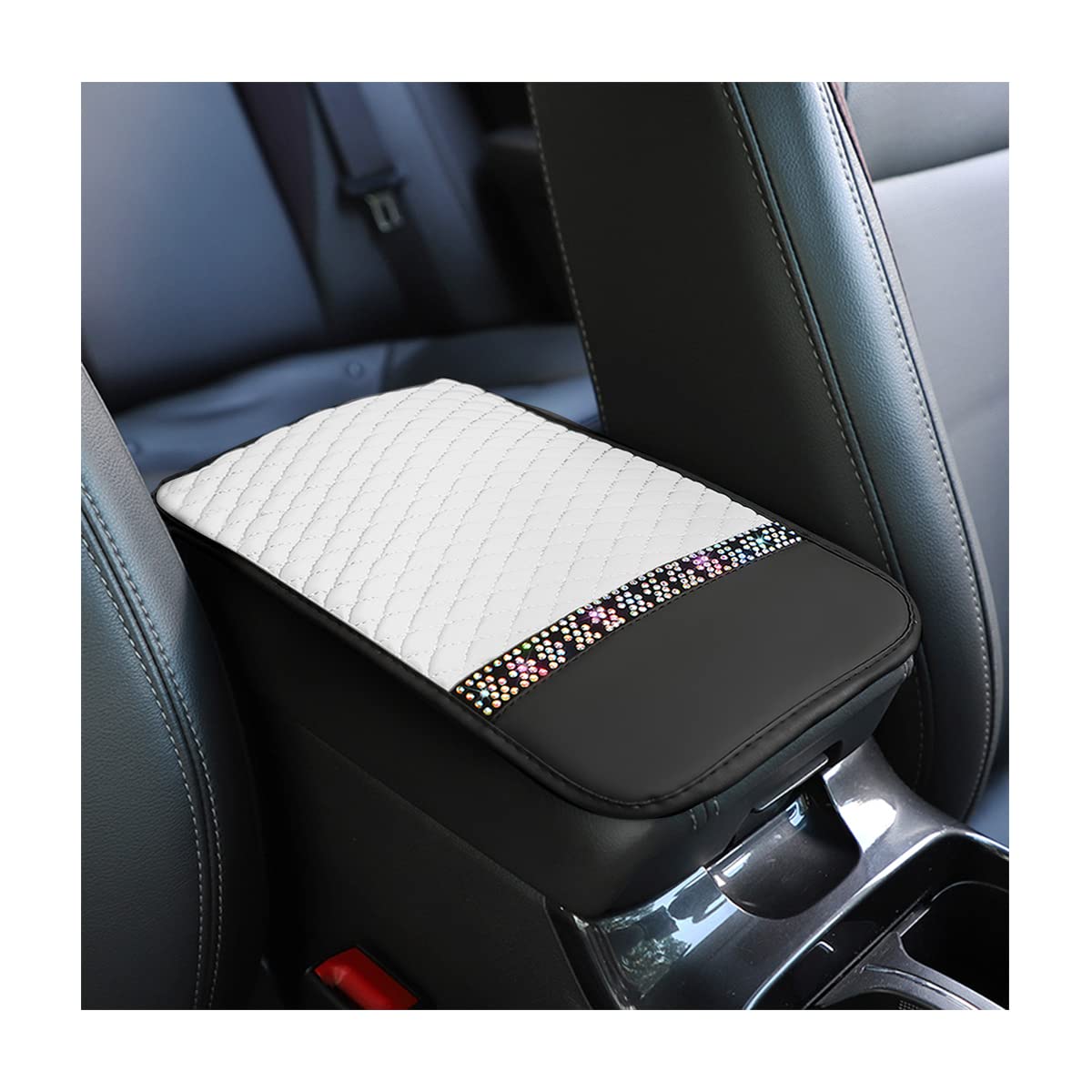 Bling Leather Car Center Console Cover, Car Center Console Protector With Glossy Crystal Rhinestone, Universal Waterproof Car Armrest Seat Box Cover For Most Car, Vehicles, Suvs, Trucks (White)