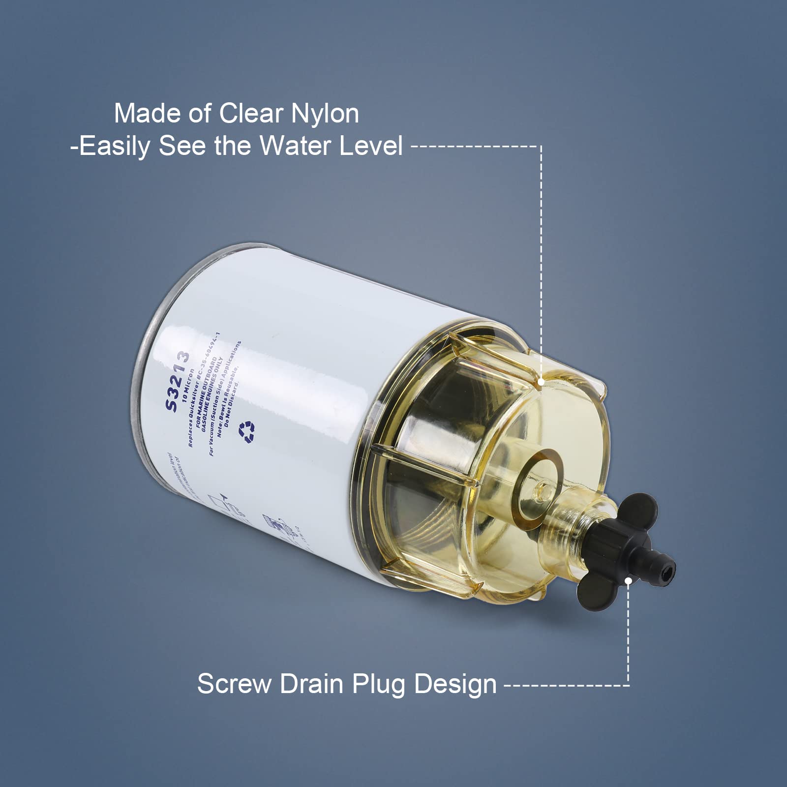 Carmocar Marine Fuel Water Separator Filter Assembly S3213 Filter Element With Collection Bowl Replacement For 3/8 Inch Npt Outb