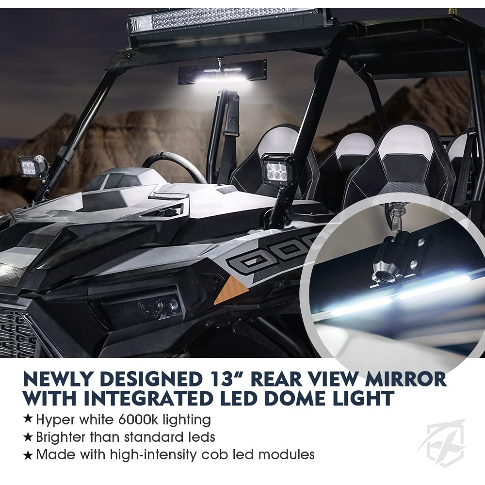 Xprite 13'' Aluminum UTV Rear View Center Mirror w/Interior Lights, Curved Rearview Mirror fits 1.75'' - 2'' Mount for Polaris R