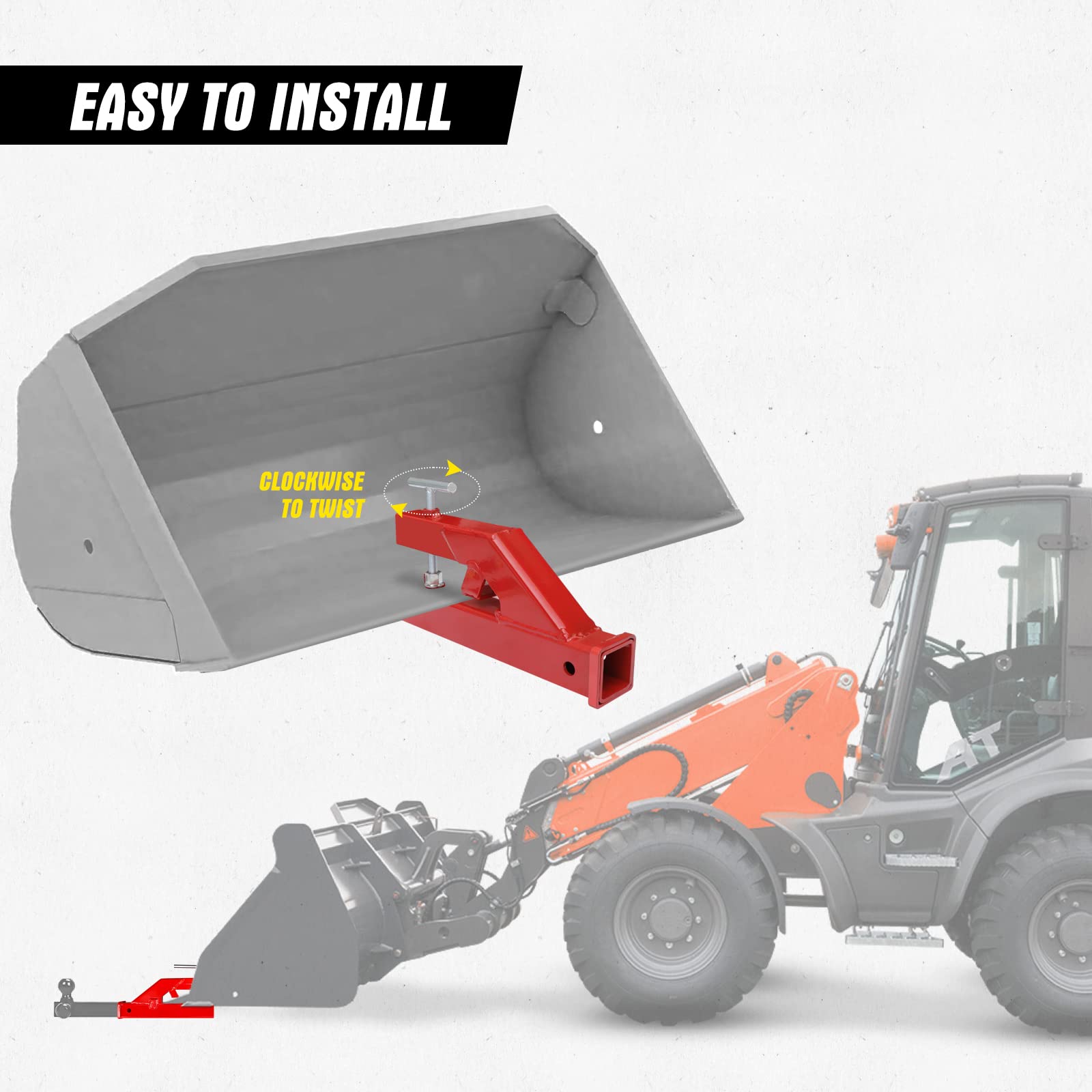 AIWARGOD Clamp On Trailer Hitch Receiver Bucket Hitch for Tractor 2'' Ball Mount Adapter Compatible with Deere Bobcat Bucket, Re