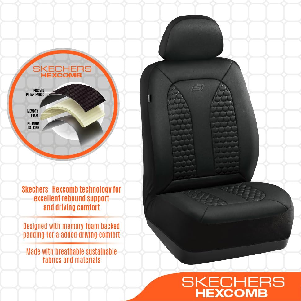 Skechers Memory Foam Car Seat Covers, Hexcomb Breathable Thick Seat Covers Black Two Front Seat Covers, Airbag Compatible, Autom