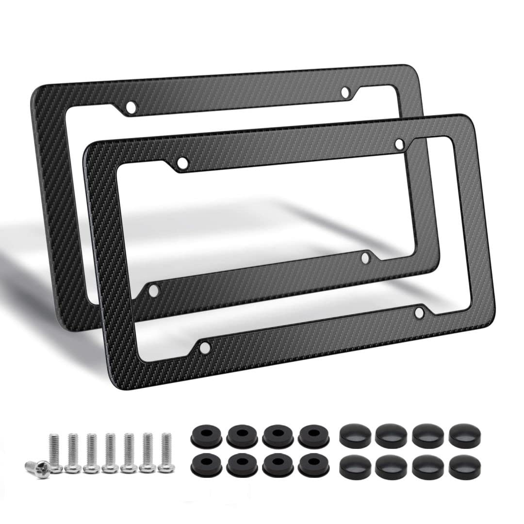 Black Carbon Fiber License Plate Frame, 2 Pack Glossy & Waterproof Plastic Number Plate Frame Print Carbon Fiber Pattern For Man