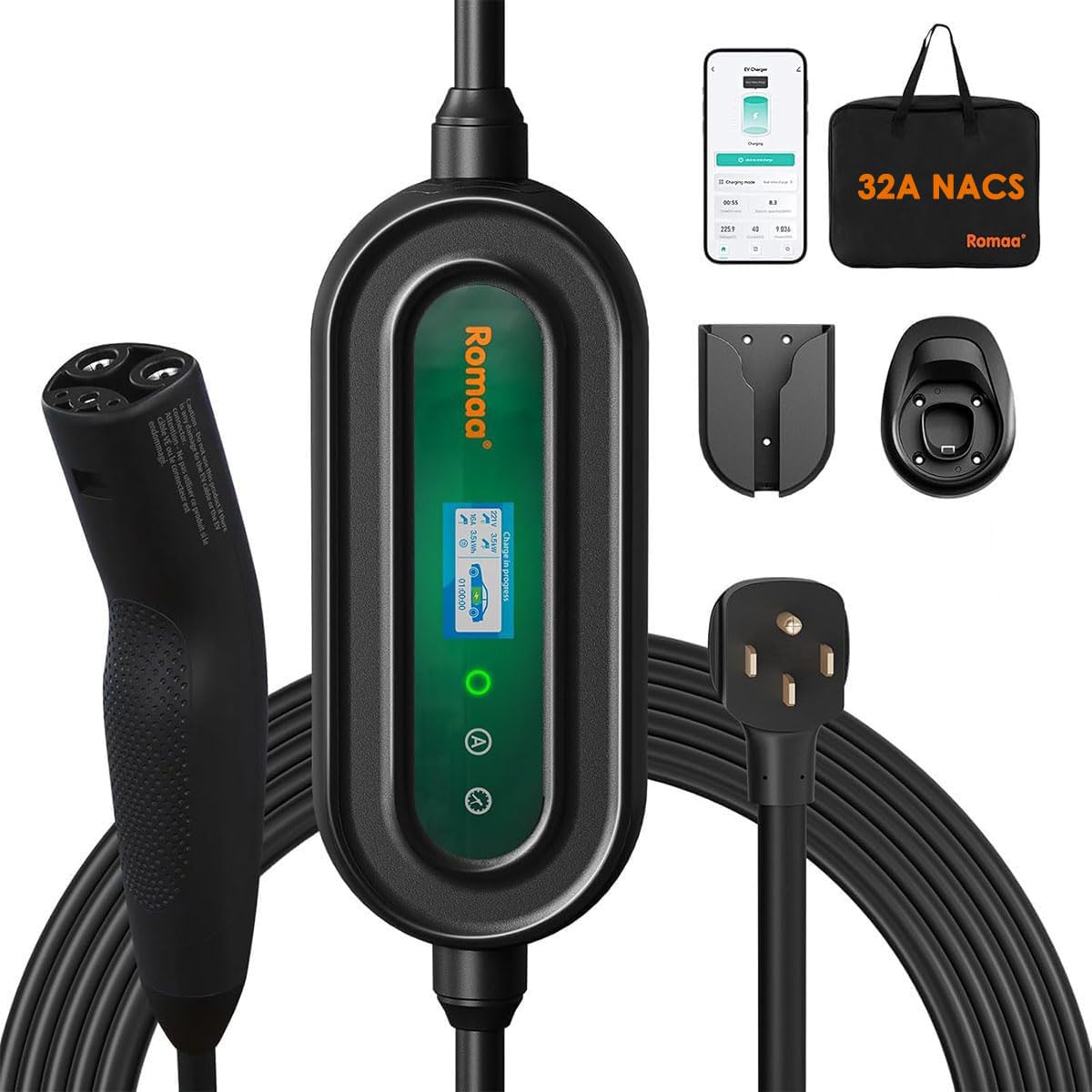 Romaa Level 2 NACS Charger for Tesla, Portable 32 Amp Wall Charger with Wifi/App, Adjustable Current, 240V NEMA 14-50, NACS Conn