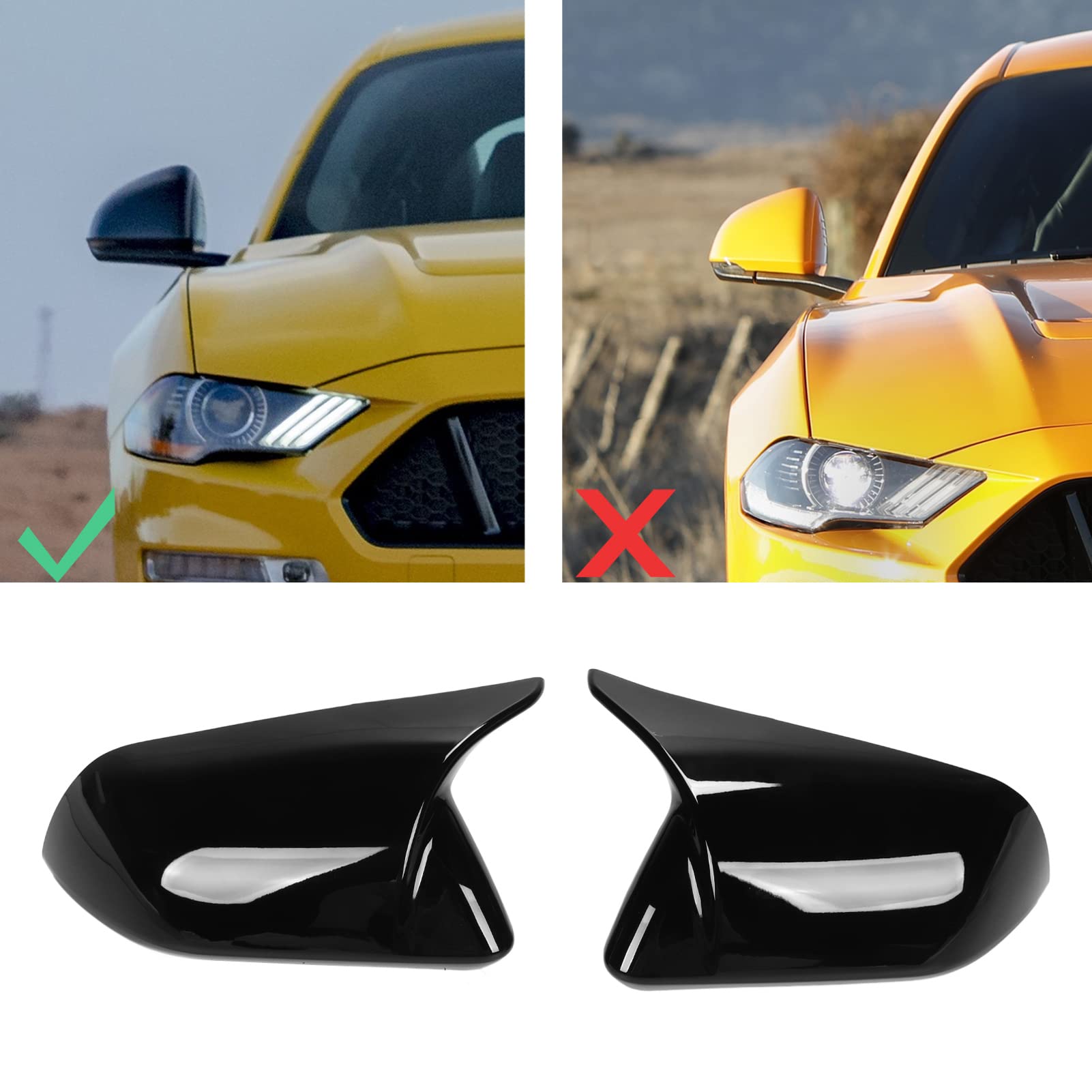 For Mustang Carbon Fiber Mirror Cover Car Exterior 2Pcs Door Mirror Cover Left Right Horn Replacement For Mustang 2015-2022 Carbon Fiber (Glossy Black)