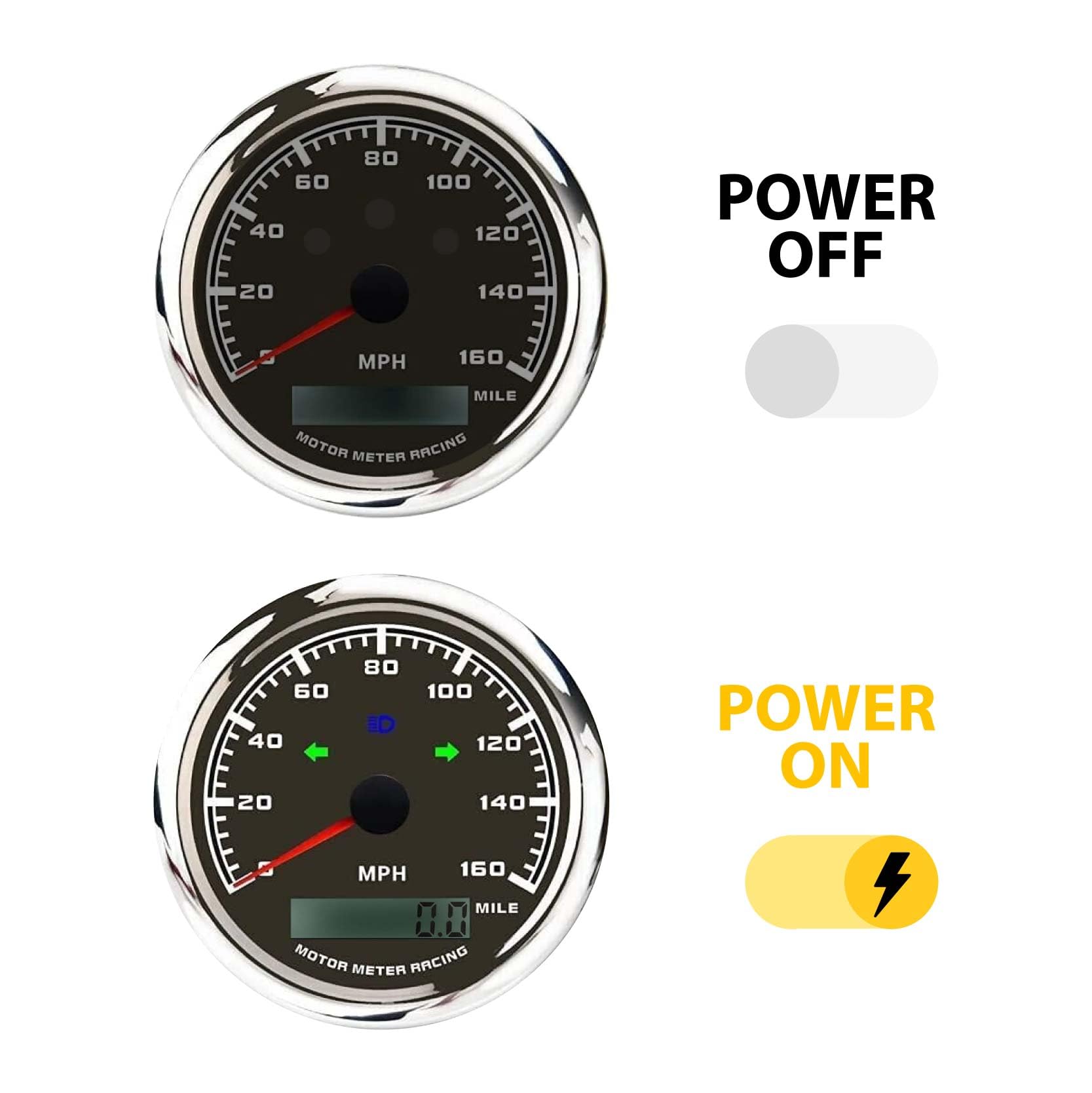 Motor Meter Racing W Pro 85Mm 3-3/8'' Gps Speedometer With Turn Signal High Beam 160 Mph Black Dial White Led Digital Odometer W