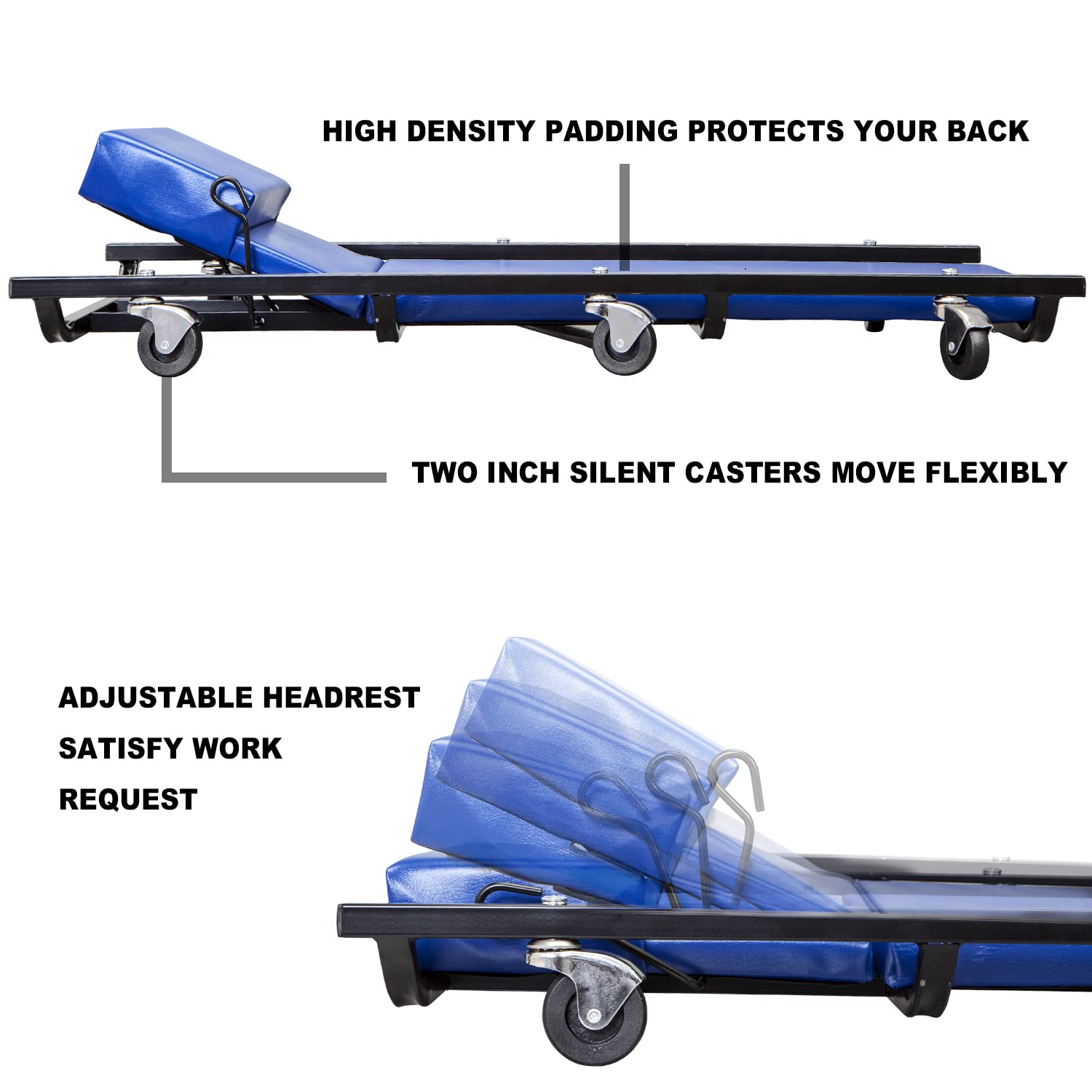 Big Red 40'' Padded Rolling Garage/Shop Creeper With Adjustable Headrest And 6 Casters,Mechanic Cart, Blue Tr6452 Torin
