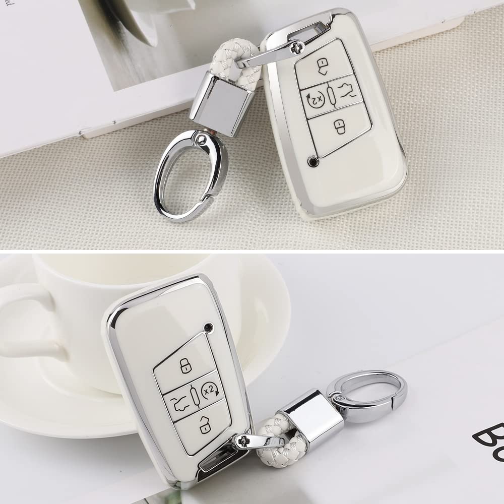 1797 VW Key Fob Cover for Type C, TPU Material, 4 Button, White Silver, Compatible with Jetta Tiguan Arteon Atlas Taos