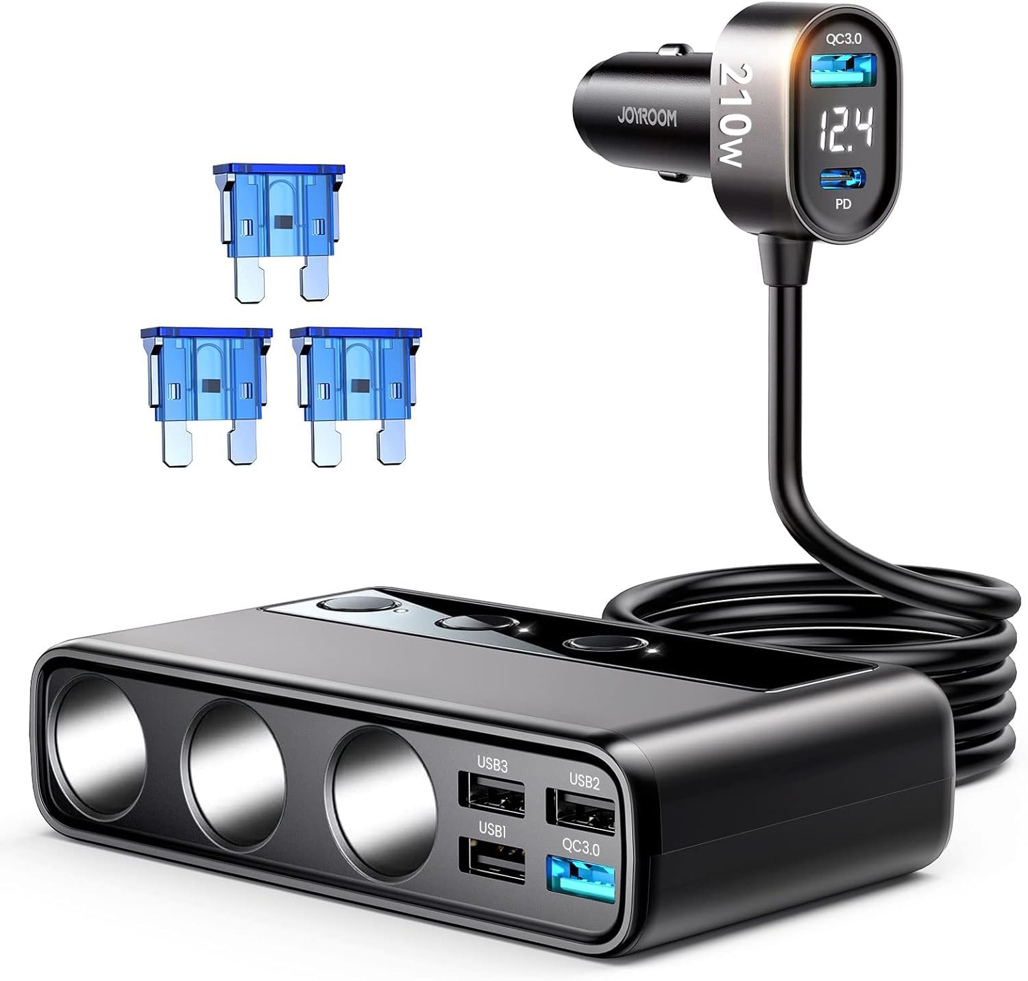 JOYROOM 9 in 1 Cigarette Lighter Splitter Car Charger Adapter, 154W PD/QC 3.0, Black, JR-CL06, 12V/24V