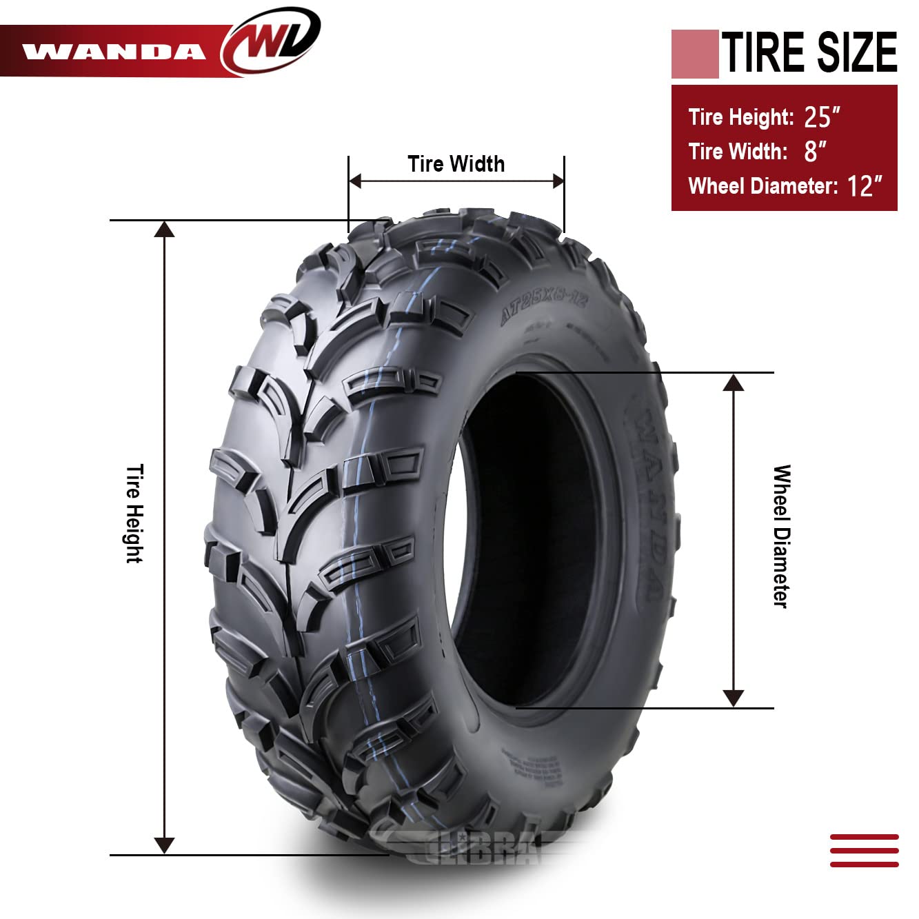 Wanda Atv/Utv Tires 25X8-12 25X8X12 6-Ply Light Mud Tires, Set 2-10243