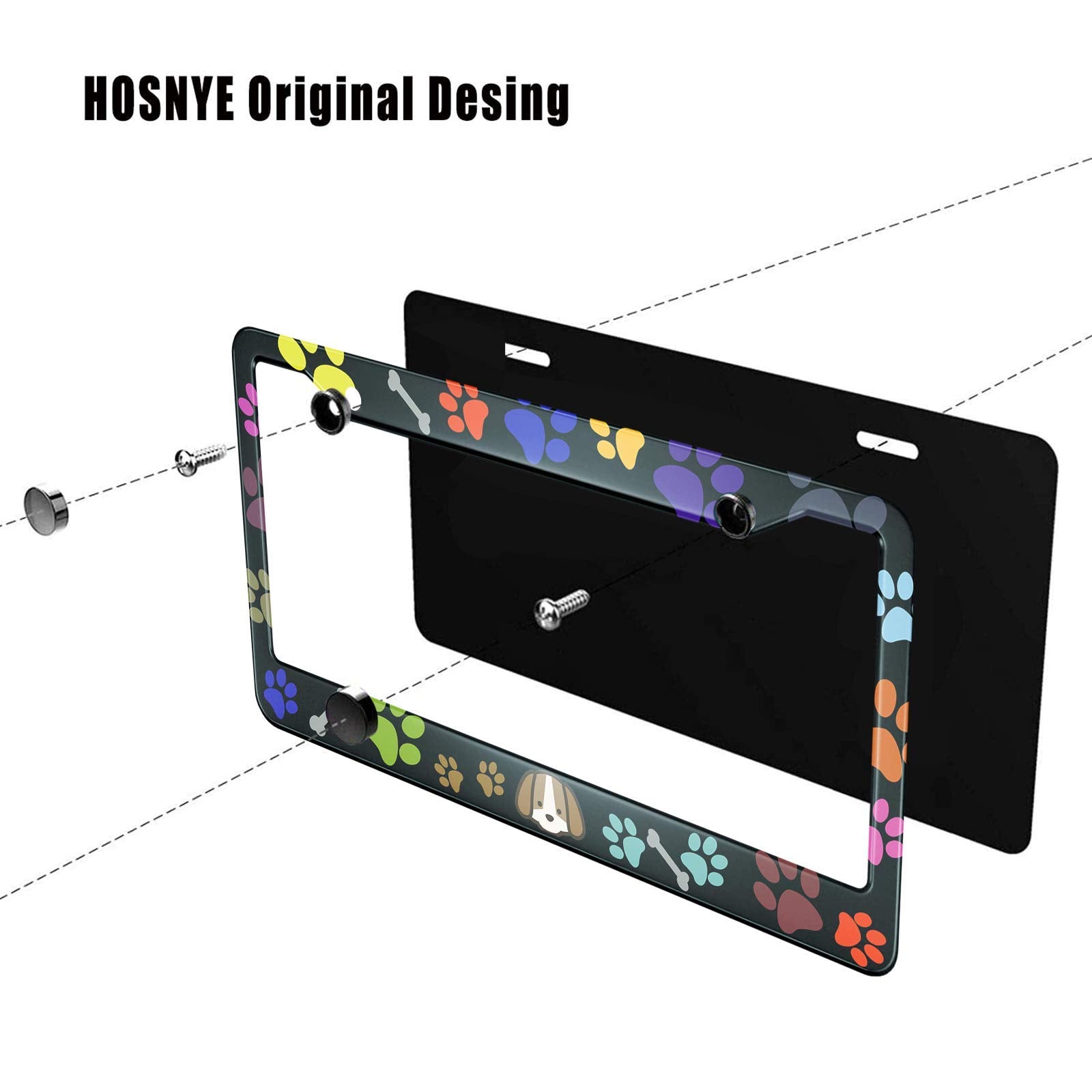 HOSNYE Puppy Bones and Paw Prints License Plate Frame Colorful Puppy Footprints Metal License Plate Cover Front Plates Frames Ca