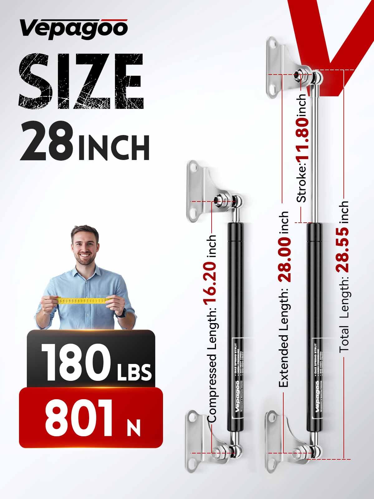 Vepagoo 28 Inch Gas Struts 180Lb/801N Shock With Mounting Brackets, Lift Supports For Rv Bed Storage Truck Bed Cover Basement Tr