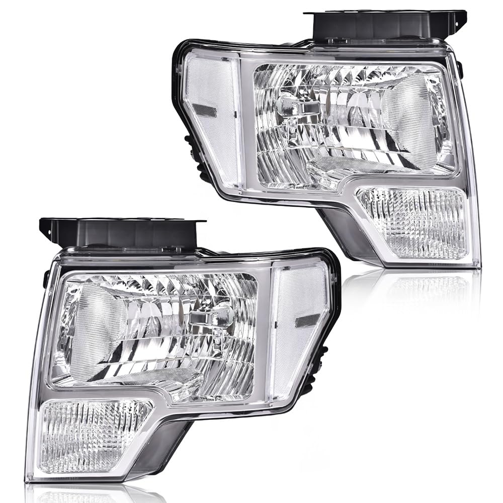 PIT66 Front Left & Right Headlights Assembly Headlamps Compatible with Ford F150 2009 2010 2011 2012 2013 2014 Clear Lens Chrome