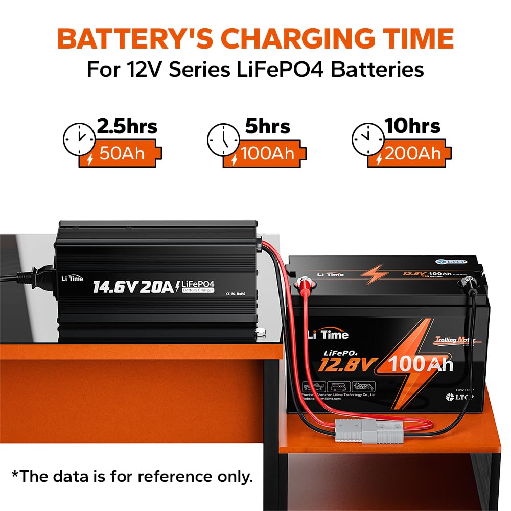 LiTime 12V 20A Lithium Battery Charger - AC-DC Smart Charger with Anderson Connector, LED Indicator, for LiFePO4 Batteries - Black