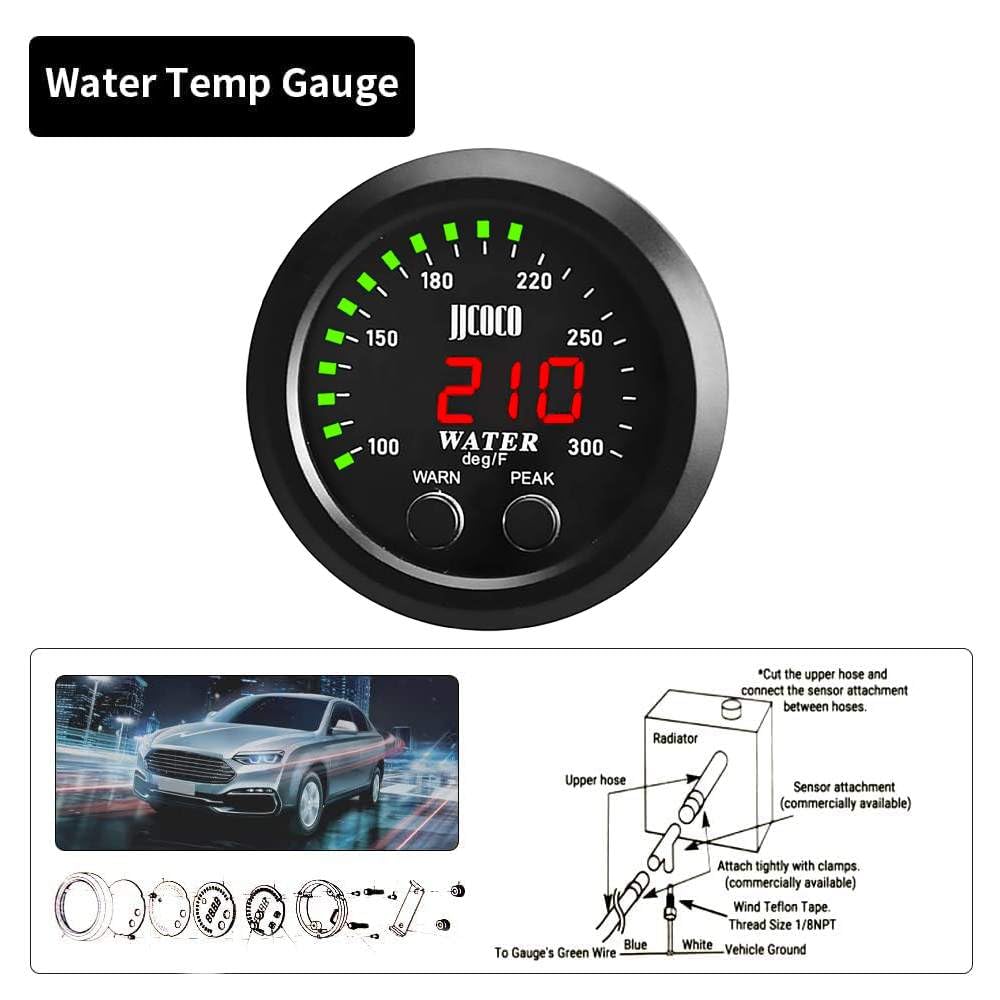 ZHSYMX Universal 52mm Water Temperature Gauge 100-300F(38-150C) Electronic Green Digital LED DC12V/24V for Car Automotive with J