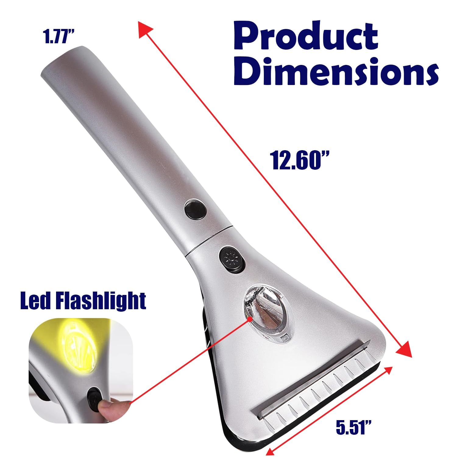 ZONETECH Heated Car Window Ice Scraper with LED Light, 12V, Silver, Model SN0009, Auto Windshield Frost Remover