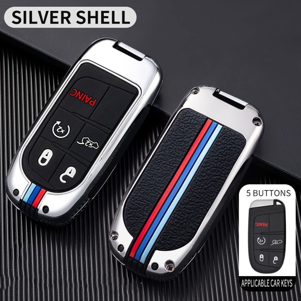 Otmik Zinc Alloy Car Key Cover Case Fit For Jeep Renegade Compass Chrysler 300C With Fluorescent Silicone Buttons (Silver Color 5 Buttons)