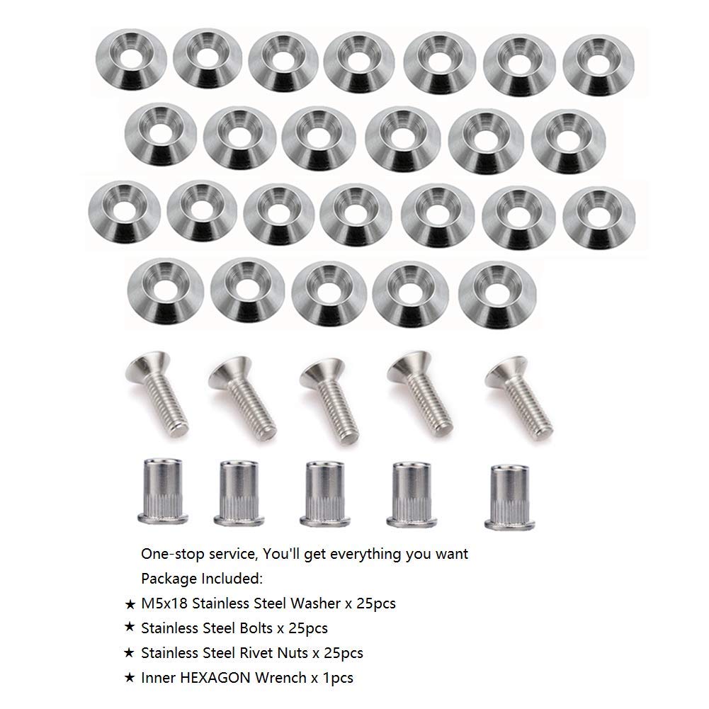 STETION Stainless Steel Fender Bumper Washer Bolt Kit M5x20mm - 25 Pcs Engine Bay Dress Up Fasteners for Widebody Installation