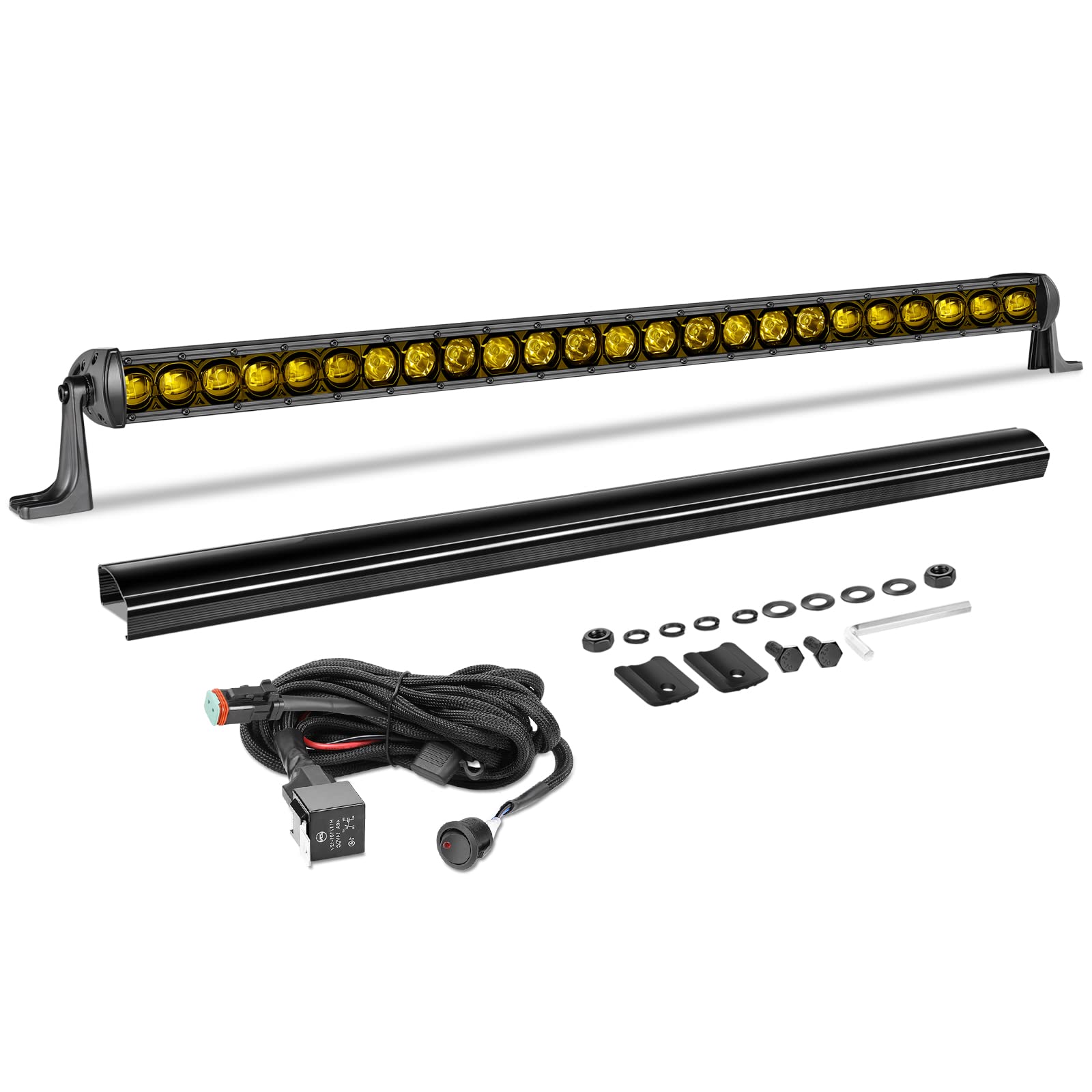 30 Inch Amber Light Bar Kit, AKD Part OSRAM LED 168W Single Row Light Bar w/Wiring Harness Black Cover Spot Flood Combo Slim Bum