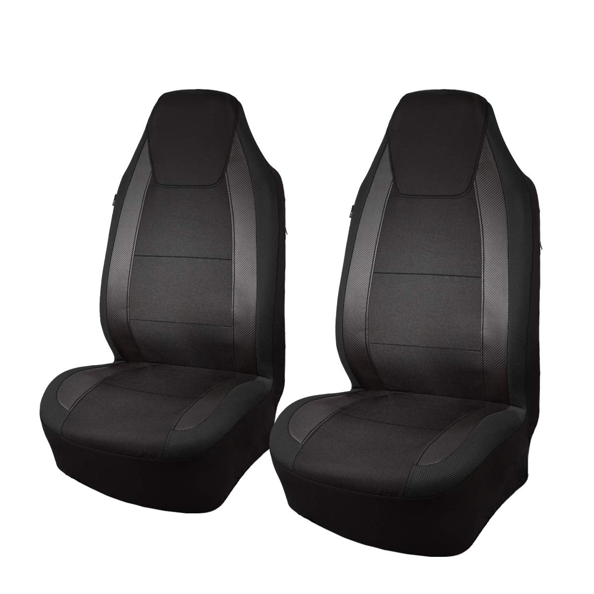 Flying Banner Car Seat Covers Quality Carbon Fiber Faux Leather Mesh Fabric Sport Low High Back Bucket Back Pocket Arm Rest Car Suv Truck Pick Up (2 Fronts - High Bucket, Black)