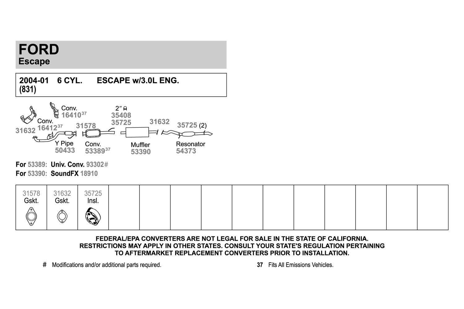 Walker 54373 Direct Fit Exhaust Resonator And Pipe Assembly 2.25 Outlet (Od) For Ford Escape