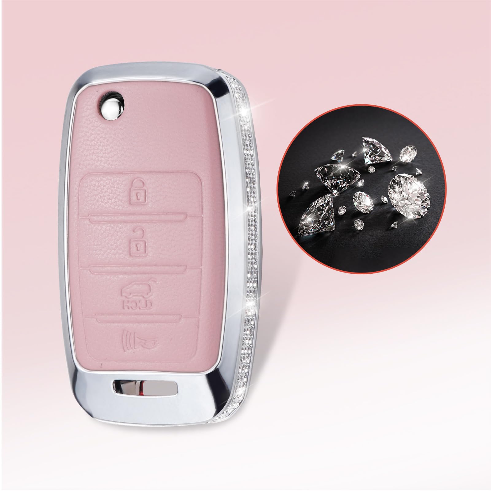 Ruabiban For Kia Key Fob Cover With Keychain, Pink Leather Crystal Key Case Protection Shell Compatible With Kia Sedona Rio Opti