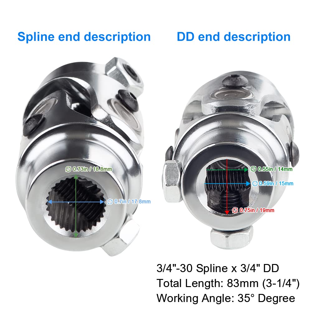 WMPHE Single Steering Shaft Universal U Joint 3/4''-30 Spline to 3/4'' DD, 83mm (3-1/4'') Working Angle 35Degree