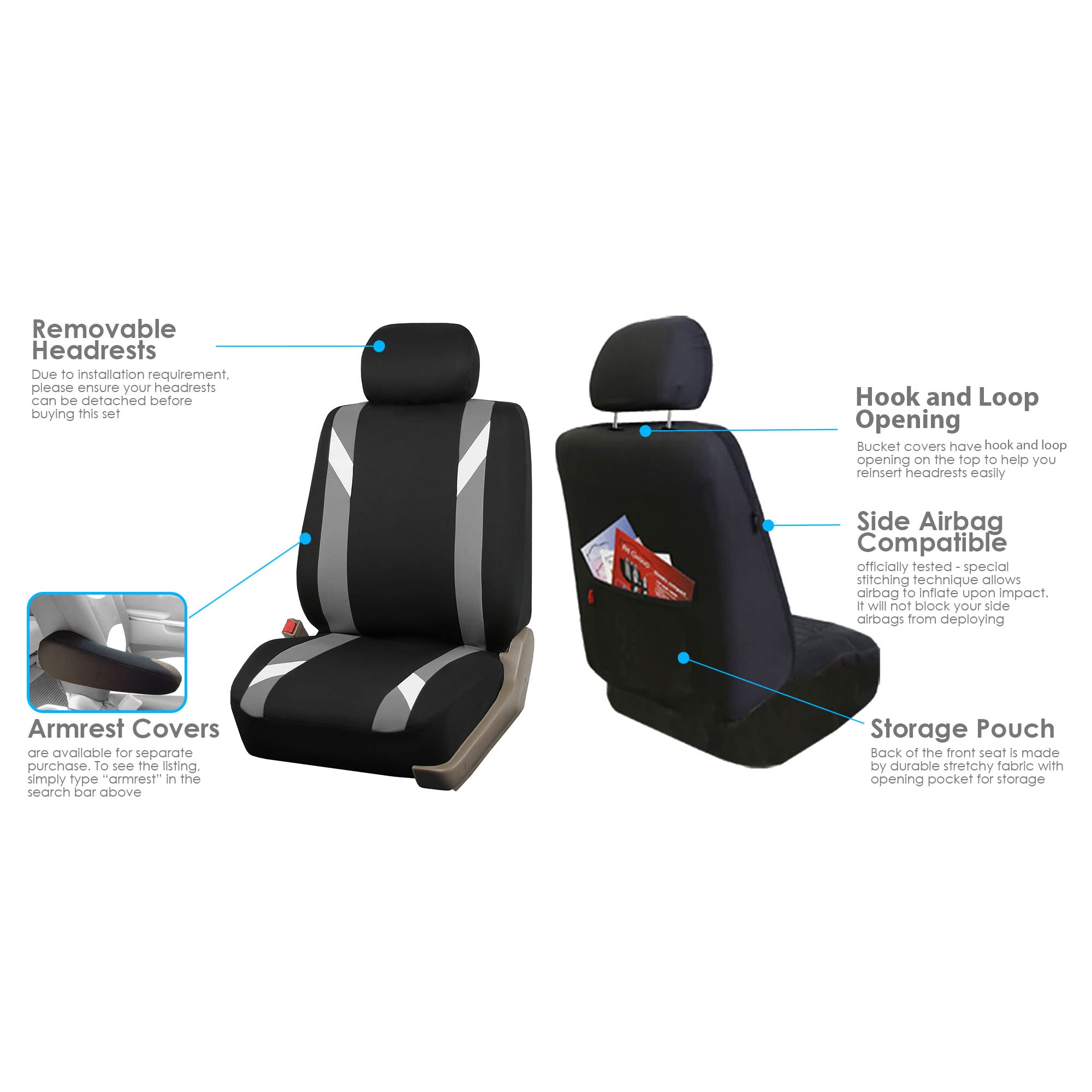 Fh Group Front Set Cloth Car Seat Covers For Low Back Seats With Removable Headrest, Universal Fit, Airbag Compatible Seat Cover