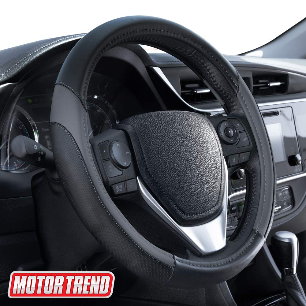 Motor Trend Sportdrive Faux Leather Steering Wheel Cover, Standard 15 Inch Size, Two-Tone Black & Dark Gray, Car Steering Wheel Cover For Truck Van Suv Auto