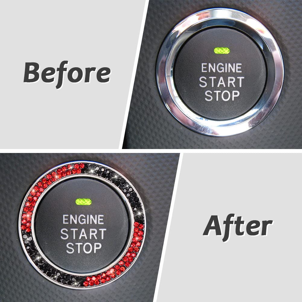 Tobequeen Black And Red Bling Push Button Start Ring Emblem Sticker,Crystal Rhinestone Interior Engine Start Stop Car Bling Ring