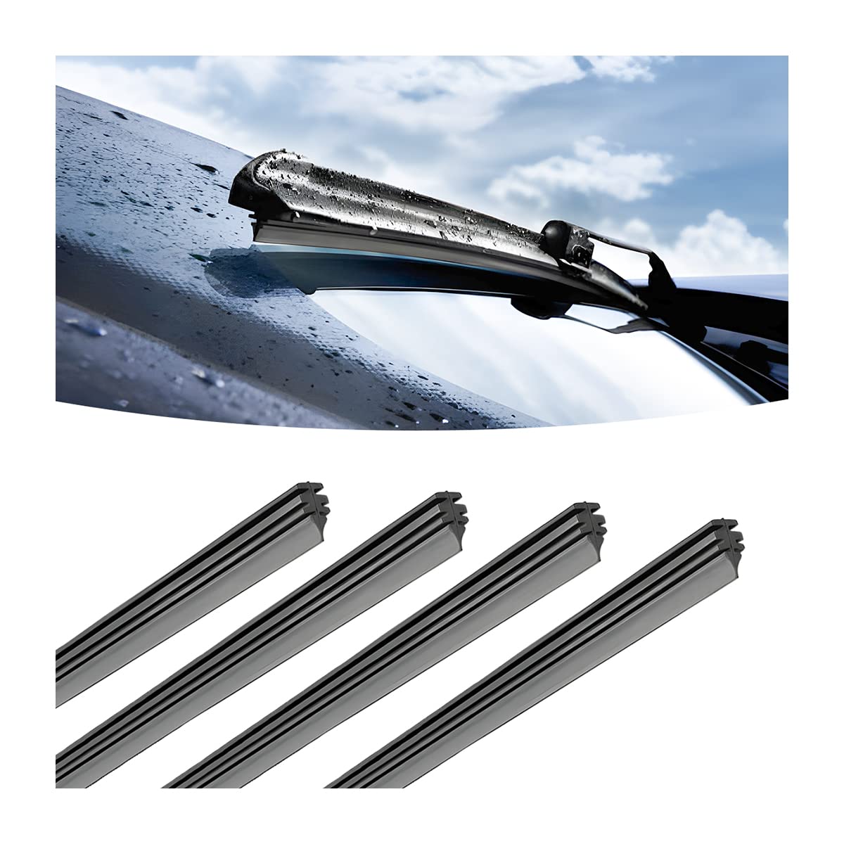 4 Pieces Car Wiper Blade Replacement Strip, 32'' Rubber Frameless Windshield Wiper Strip, DIY Adjustable Boneless Windscreen Bla