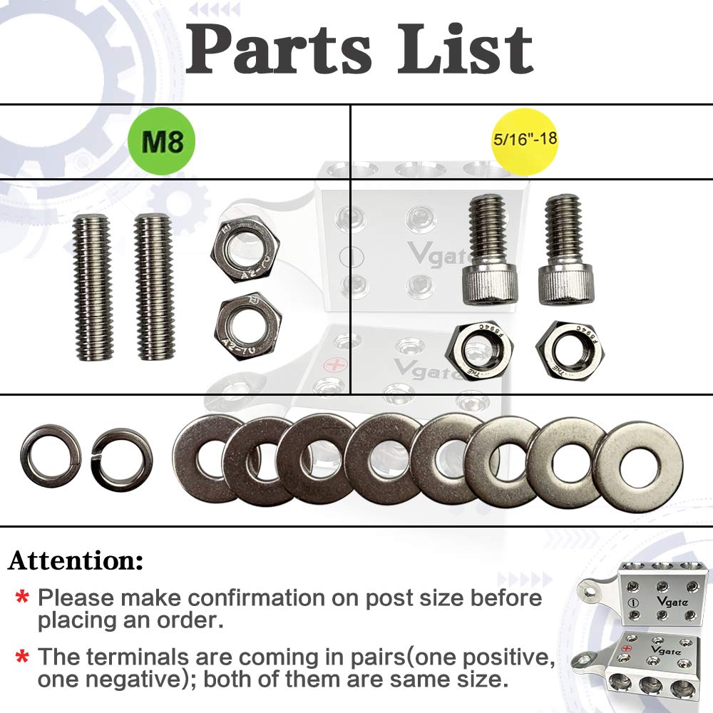 Vgate 6x2/0 AWG Battery Terminal Connectors, Aluminum, Silver, M8/5/16”-18, for Lithium & AGM Lead Acid Batteries