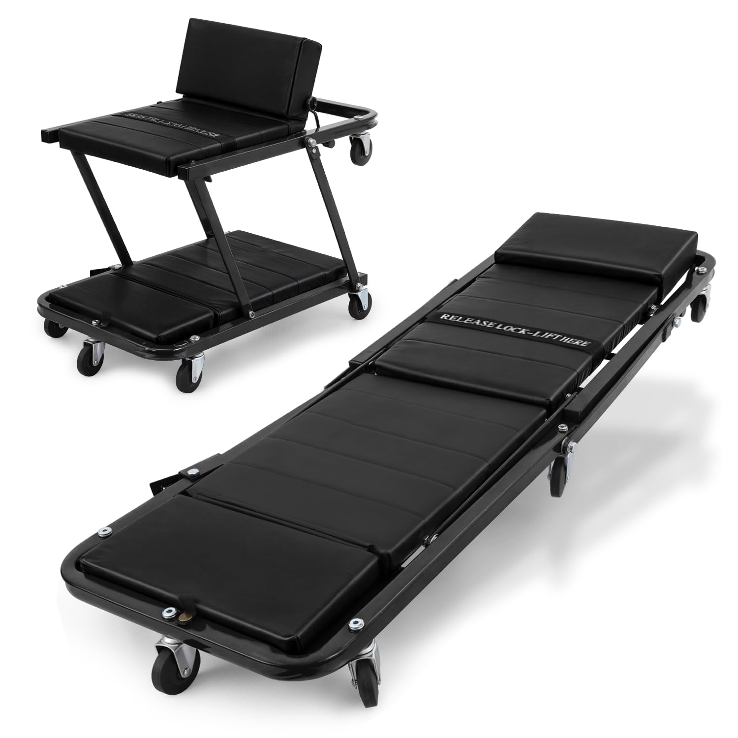 Magshion Garage Creeper Seats 48 Inch 2 in 1 Folding Rolling Mechanic Creeper Roller Seat with 7 Caster Wheels 330 lbs Capacity 