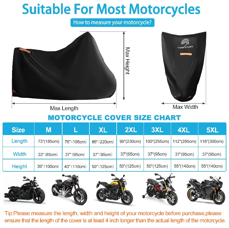 Motorcycle Covers Waterproof Outdoor Storage,600D Nano Oxford Fabric with License Plate Window,4 Reflective Strips,2 Locking Hol