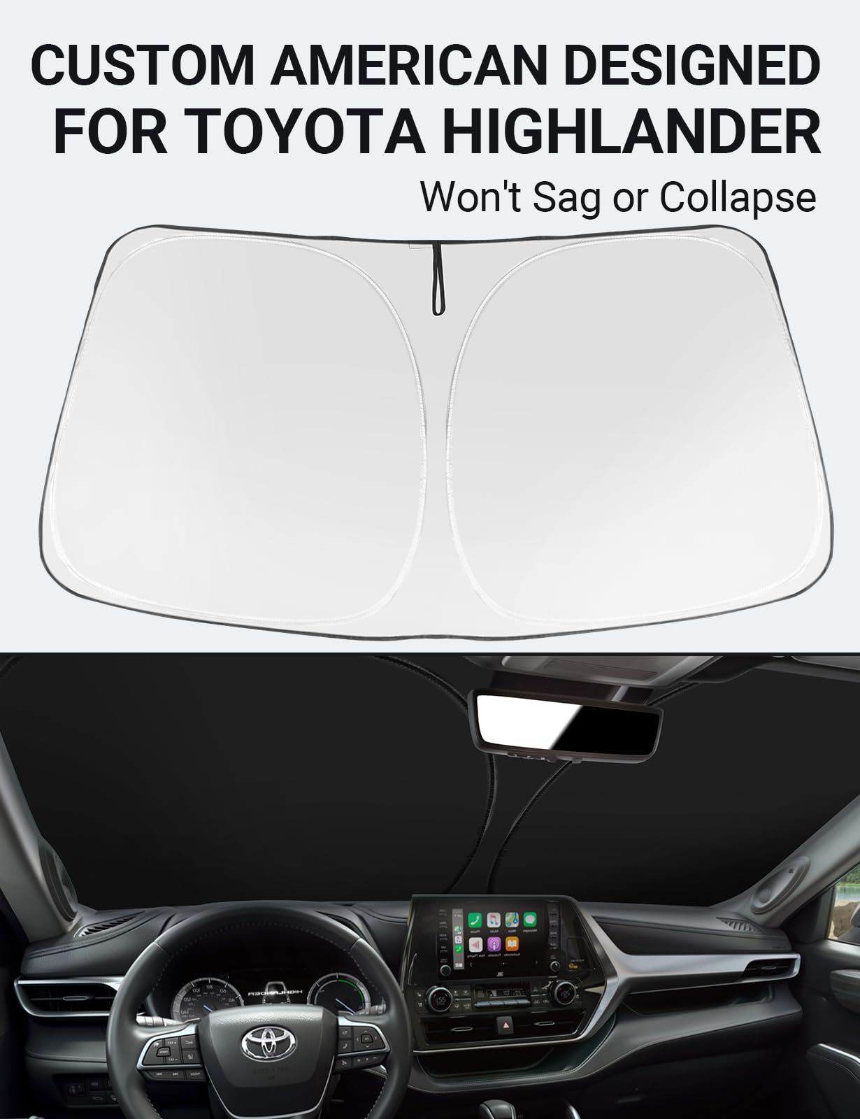 Proadsy Front Windshield Sun Shade Foldable Sunshade Protector Custom Fit 2020-2024 2025 Highlander L Le Xle Limited Platinum Grand Highlander Accessories 2025 Upgrade