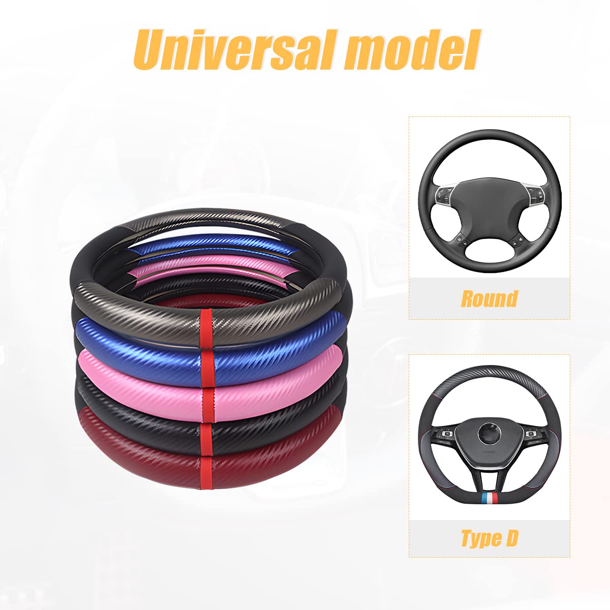 Carbon Fiber Car Steering Wheel Cover, Universal 15 Inch Breathable Anti Slip Steering Wheel Covers, Car Interior Accessories Fo