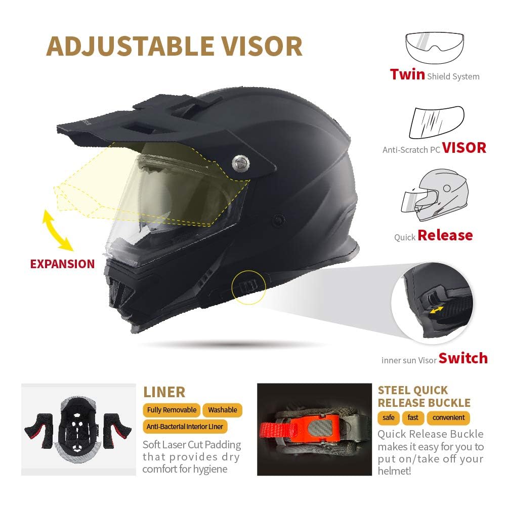 TRIANGLE Dual Sport Motorcycle Helmet, Full Face, Large, Matte Black, ABS, Model AH609, DOT Approved, with Internal Sunshield