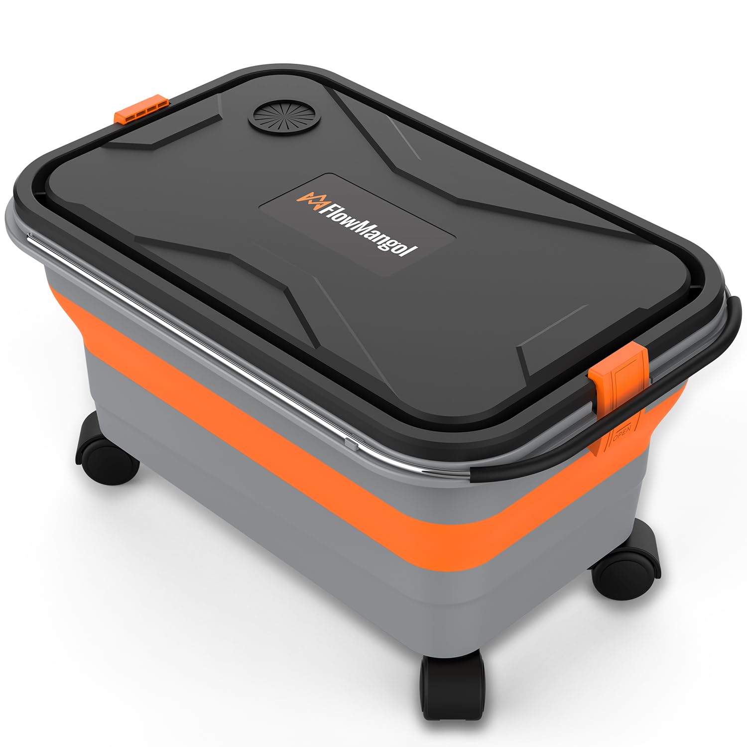 FlowMangol Glide CB 55 Collapsible Bucket 5.5 Gallon for Car Washing with Wheels, Handle, Drain Plug and Water Outlet, Foldable 