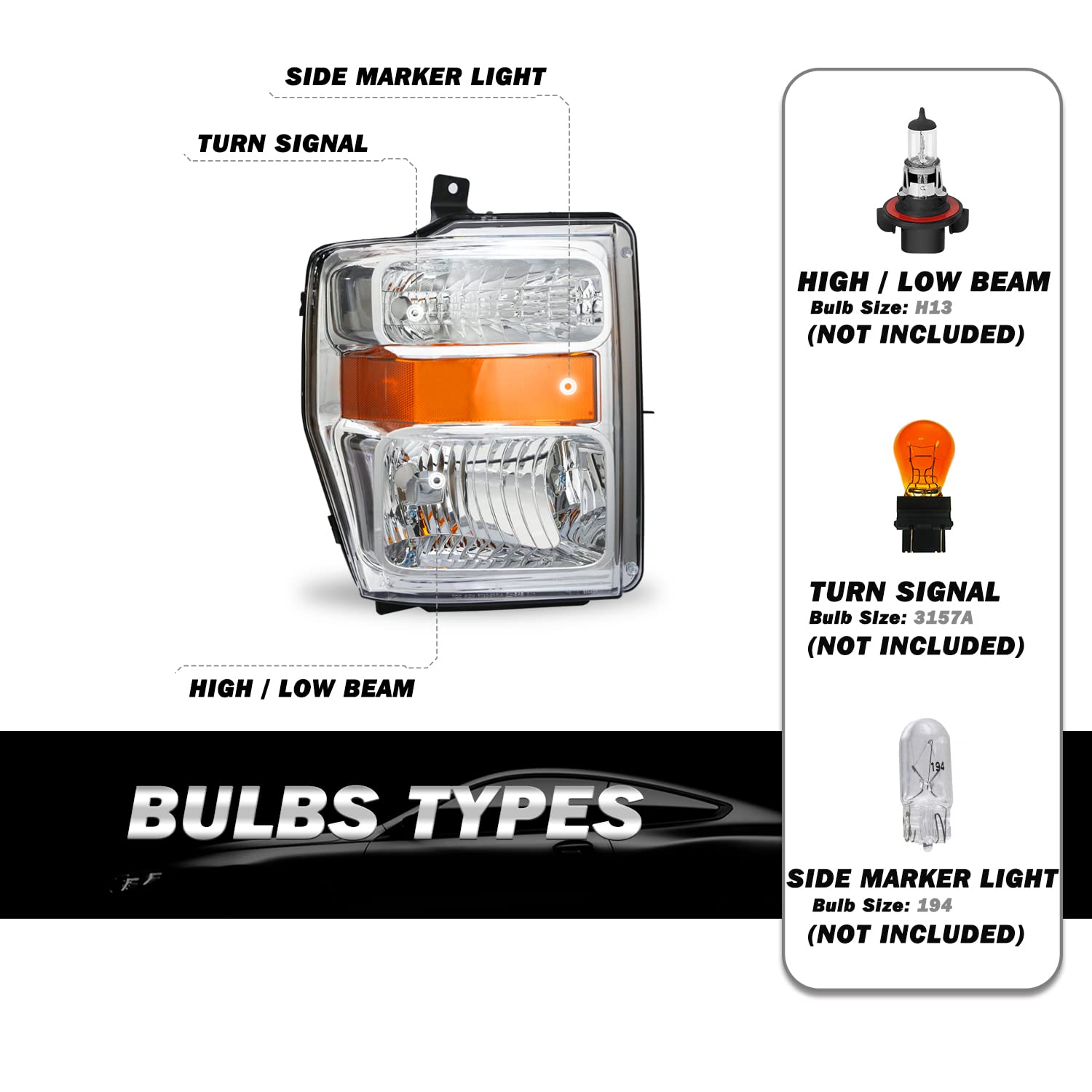 Sockir Headlight Assembly Set Compatible With 2008-2010 Ford F-250 F-350 F-450 F-550 Super Duty Oe Style Headlamp Replacement Passenger And Driver Side (Chrome Housing With Amber Reflector)
