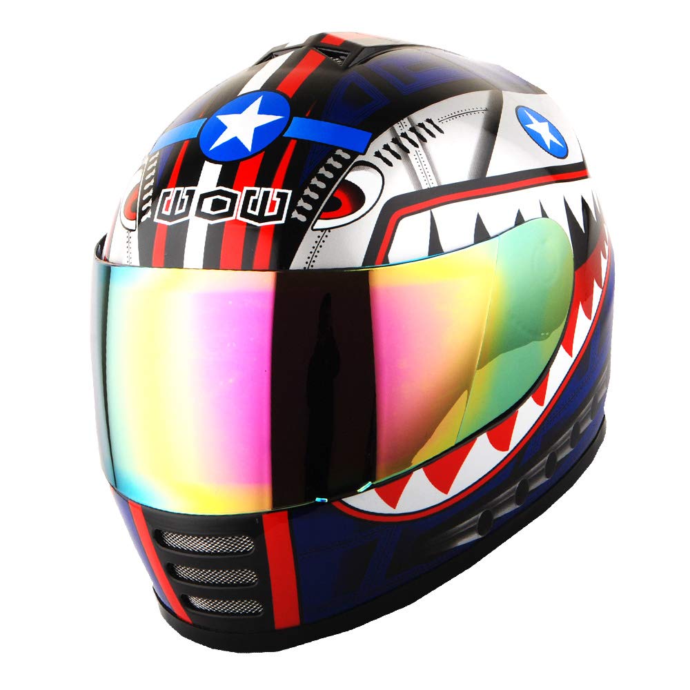 WOW Youth Full Face Motorcycle Helmet Bundle, Large, Shark Blue, Thermoplastic, Model HKY-B15 with MX Skeleton Gloves
