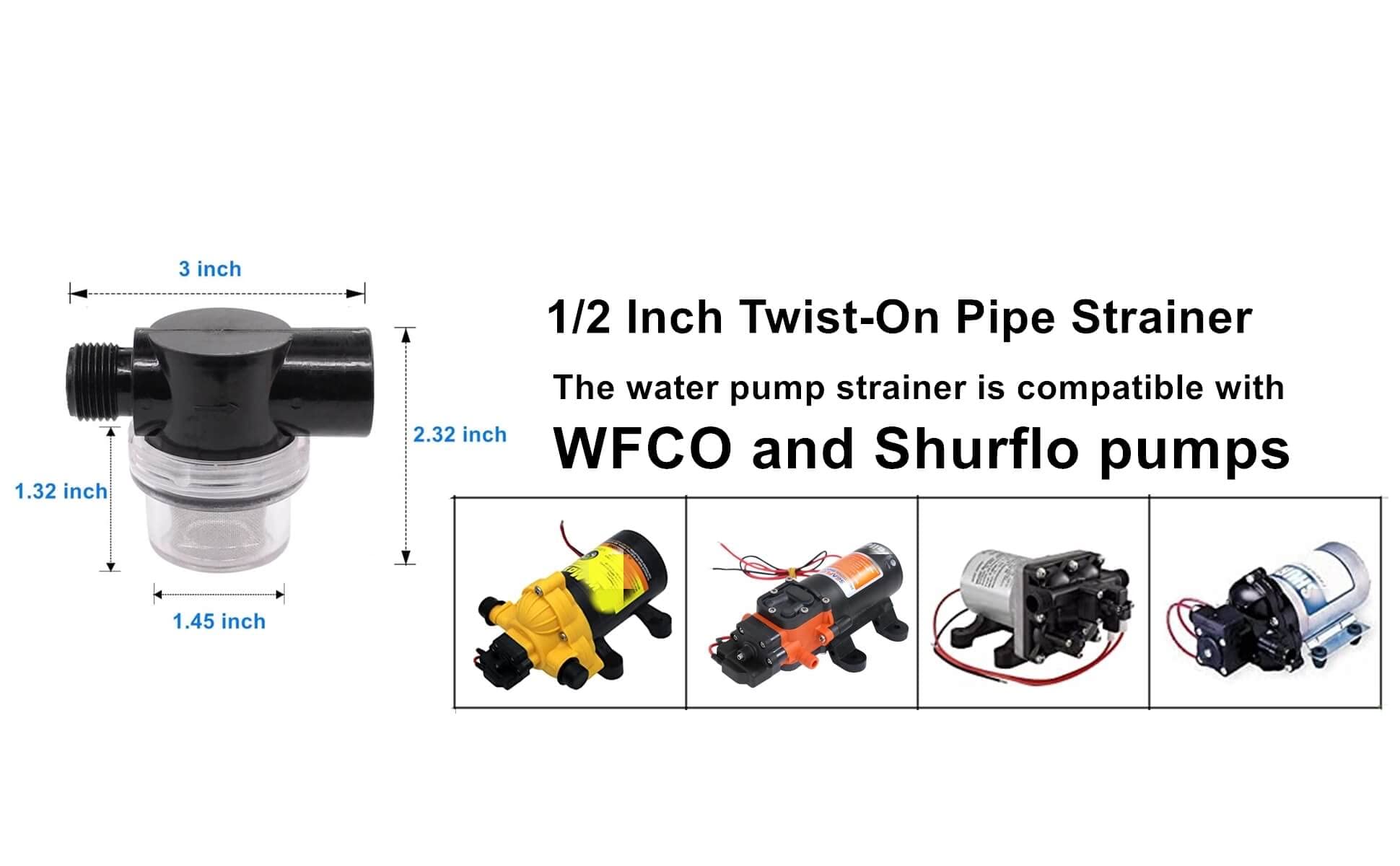 Twist-On Pipe Water Pump Strainer,RV Water Pump Filter Compatible With Shurflo Or Wfco,1/2'' Npsm Inlet/Outlet With 80 Mesh Stai