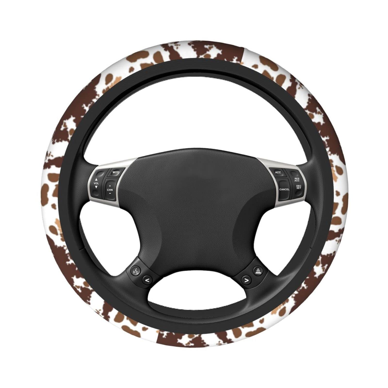Sanghing Neoprene Steering Wheel Cover, 15" Anti-Slip, Brown Cow Print, Universal Fit for Cars, Trucks, SUVs