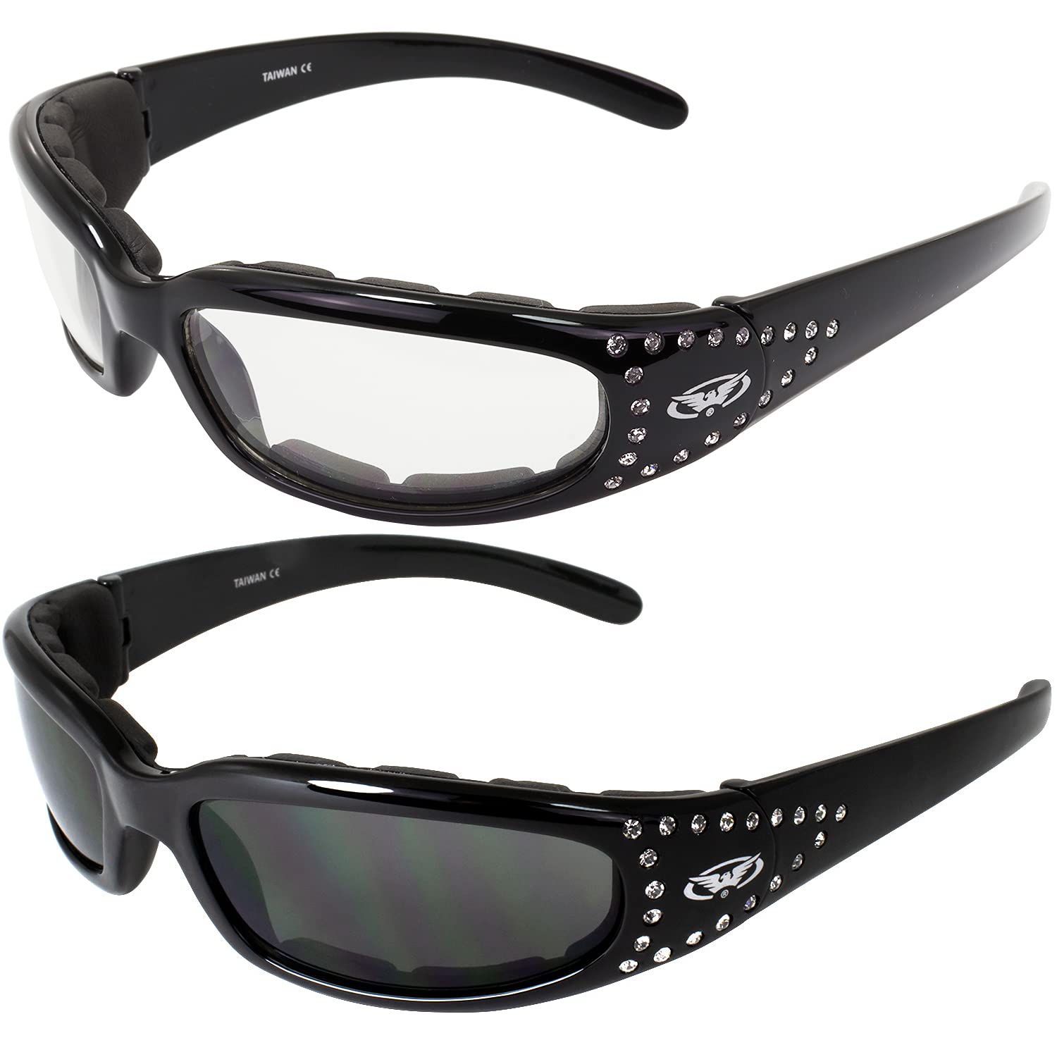 Global Industrial Set Of 2 Women Padded Motorcycle Sunglasses Riding Glasses Clear And Smoked Rhinestones With Vented Eva Foam P