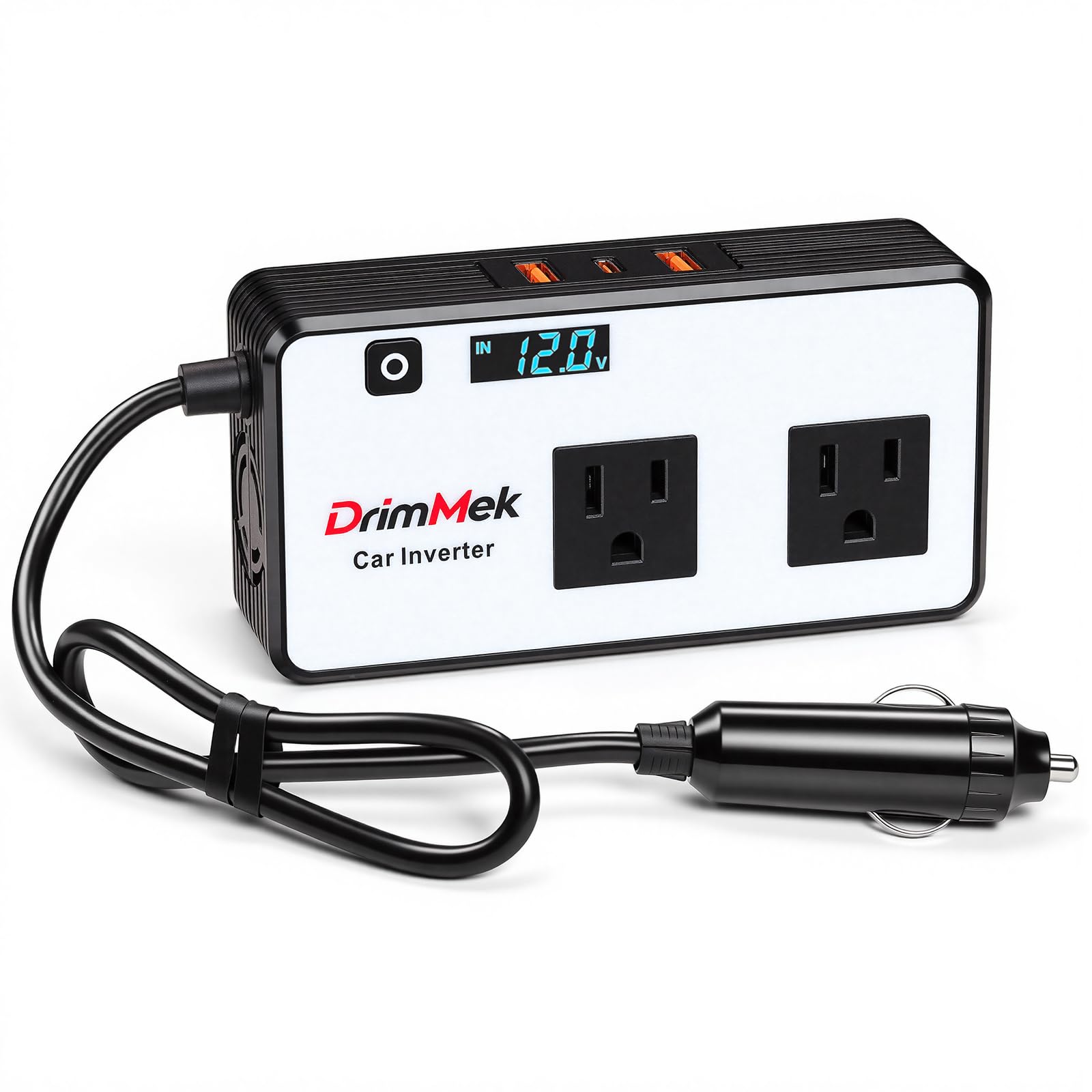 DrimMek 200W Car Power Inverter, Car Plug Adapter Outlet 12V to 110V Converter with 24W USB Fast Charging Port, Dual AC Outlet f