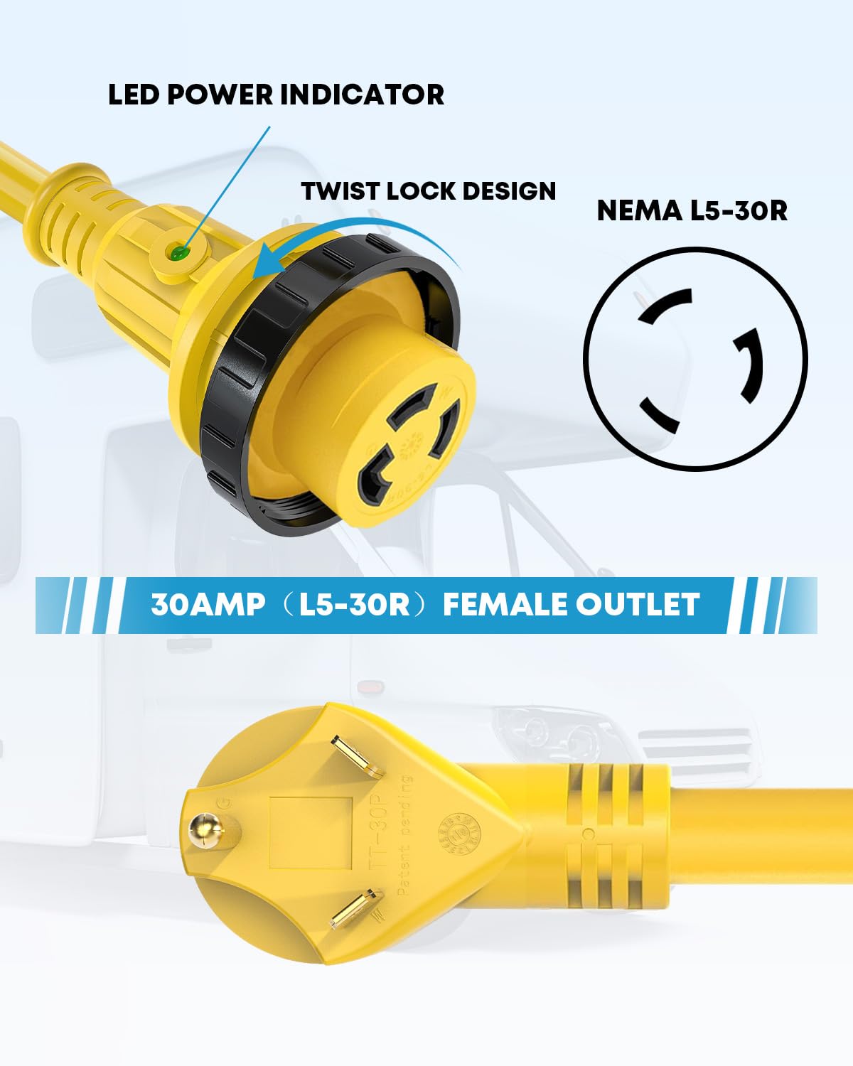 Kohree 30 Amp Rv Power Extension Cord 50 Ft With Grid Handle Heavy Duty, 30M/30F 90 Degree Locking Adapter, Led Indicator & 15M/
