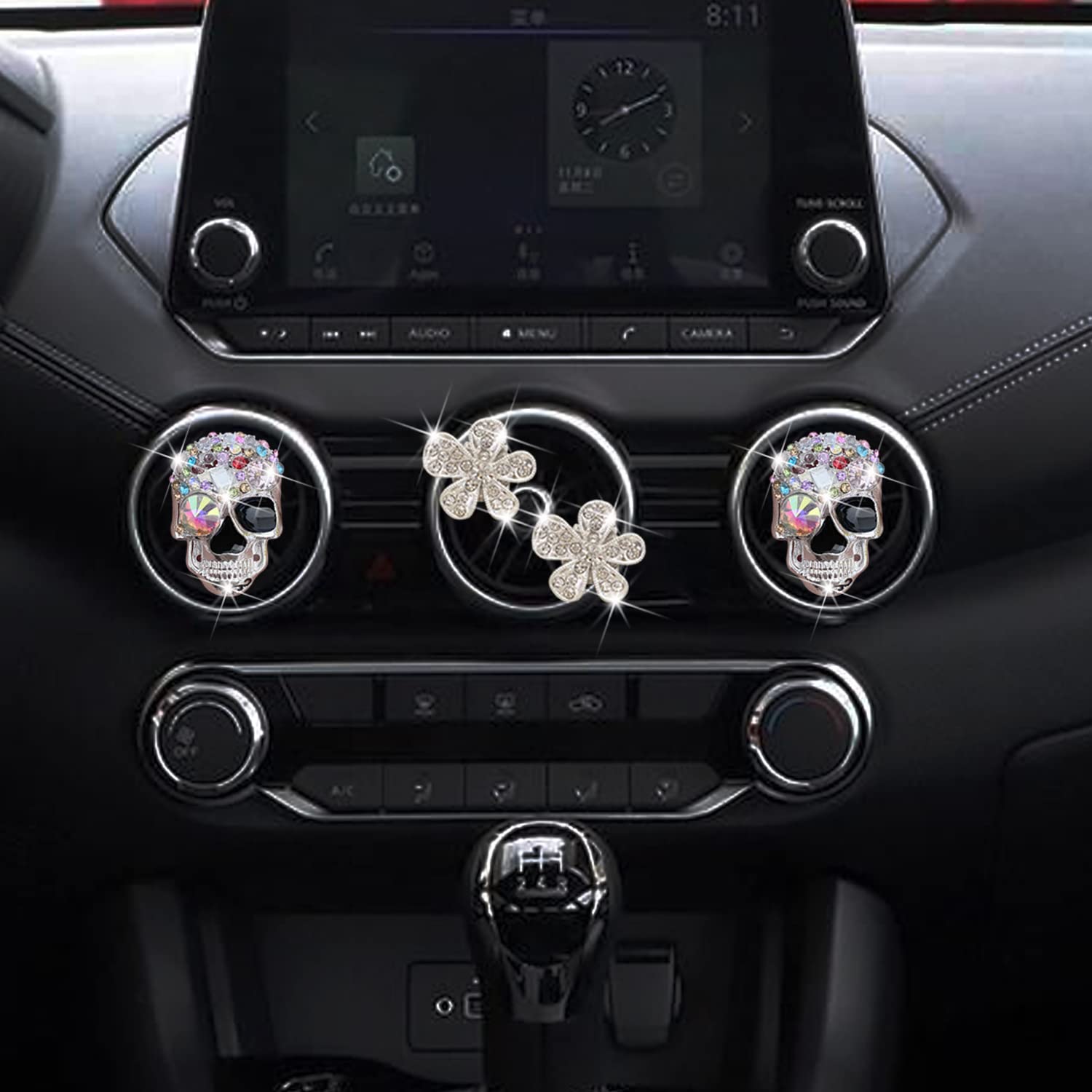 Bling Skull & Daisy Air Vent Clips, 4 Pcs Crystal Skull Car Air Fresheners Vent Clips Car Diffuser Vent Clip Rhinestone Diamond