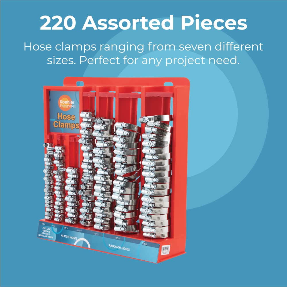 Koehler Enterprises KEDIS220 220-Piece Hose Clamp Set, Stainless Steel, Red, Mountable Rack
