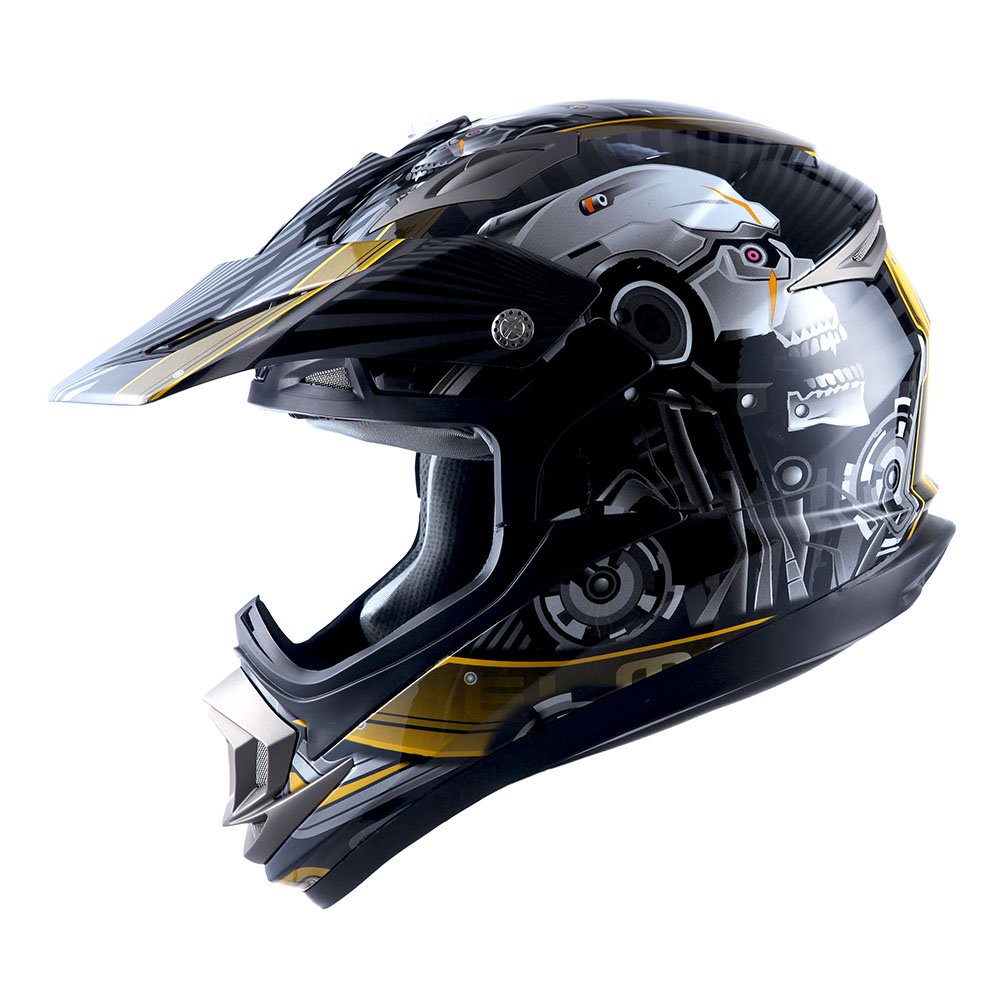 1Storm Adult Motocross Helmet Off Road Mx Bmx Atv Dirt Bike Mechanic + Motorcycle Bluetooth Headset: Skull Yellow